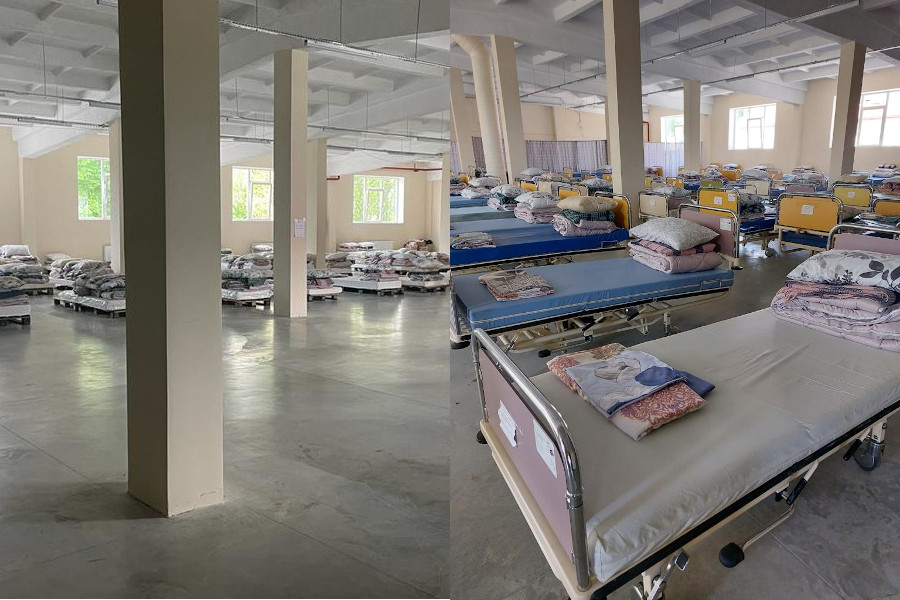 Flüchtlingsunterkunft für ukrainische Kriegsflüchtlinge in Moldawien – linkes Bild leer und rechtes Bild mit Krankenhausbetten aus Deutschland.