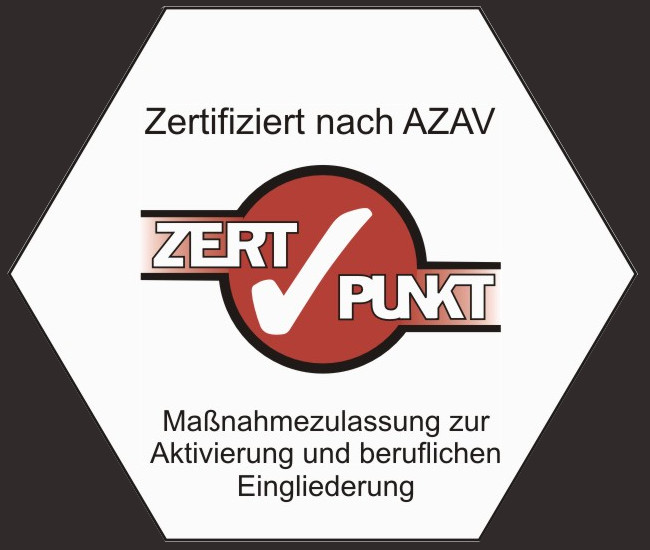 Das AZAV-Siegel der Zertpunkt ist ein Sechseck mit dünner schwarzer Umrandung mit dem Schriftzug: Zertifiziert nach AZAV Maßnahmezulassung zur Aktivierung und beruflichen Eingliederung. Im Zentrum des Sechsecks befinder sich ein hellroter Punkt mit dem Schriftzug ZERT PUNKT in weißen Großbuchstaben.