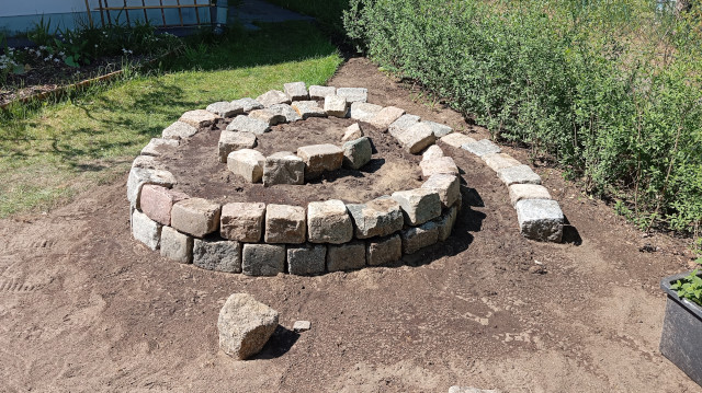 Die Abbildung zeigt den Bau einer Kräuterschnecke aus Granitpflastersteinen in Trockenmauerbauweise.